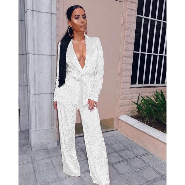 

spring autumn women loose casual suit blazer long sleeve deep v-neck and wide leg pants suit woman velvet 2 piece set, Gray