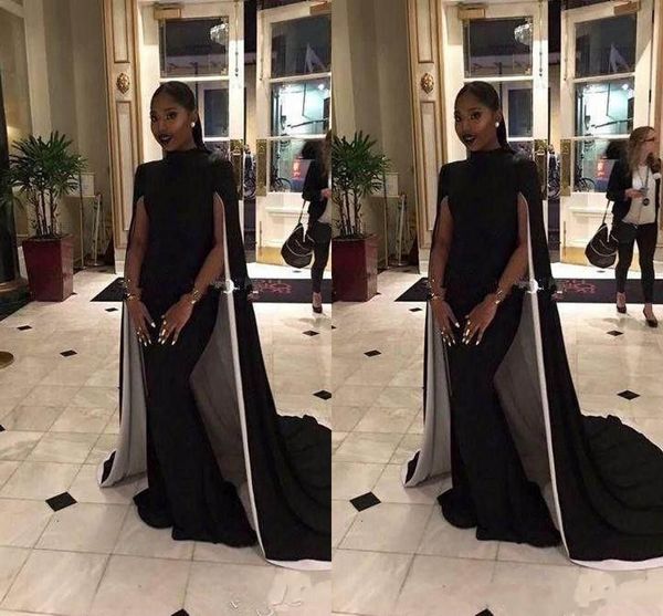

classic mature black prom party dresses high neck elastic satin with cape mermaid formal evening dresses celebrity gowns