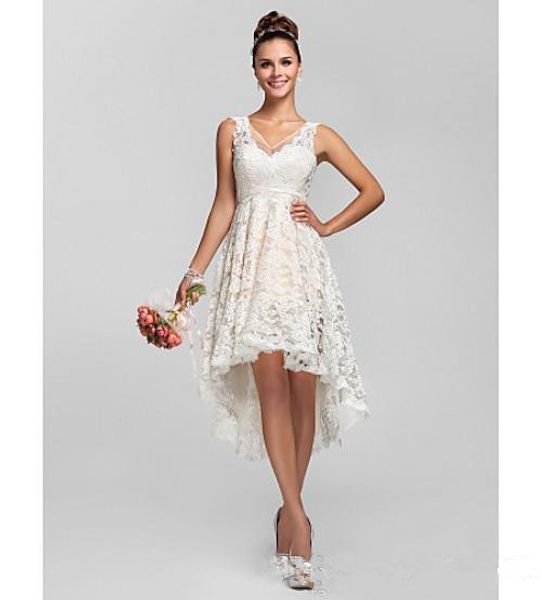 

high low lace wedding dresses 2019 new selling vestidos de noiva v-neck sleeveless a-line backless beach bridal gowns custom made w603, White