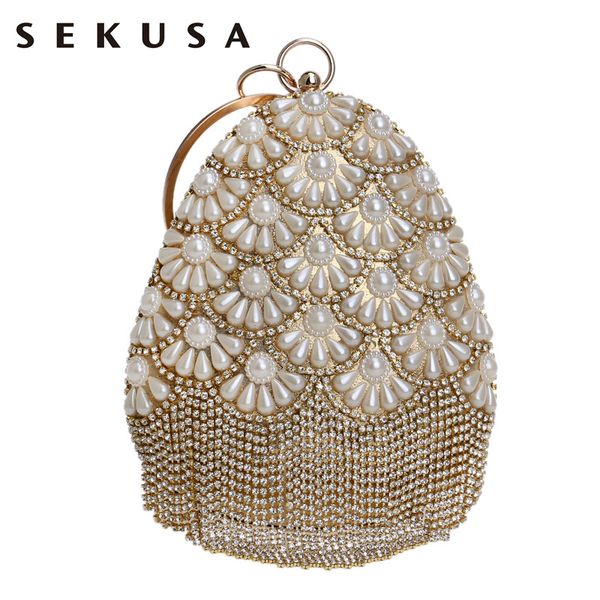 

sekusa fruit bucket shaped women evening bags beaded lady tassel rhinestones with diamonds clutch pearl wedding handbags