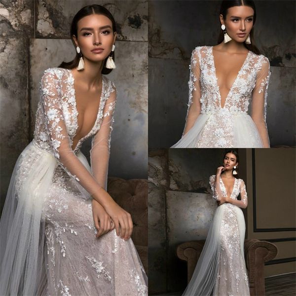 Sirena New Berta Overskirts Abiti da sposa Maniche lunghe Profondo scollo a V Completo d Pizzo floreale Appliqued Tromba Abiti da sposa Applique Brial