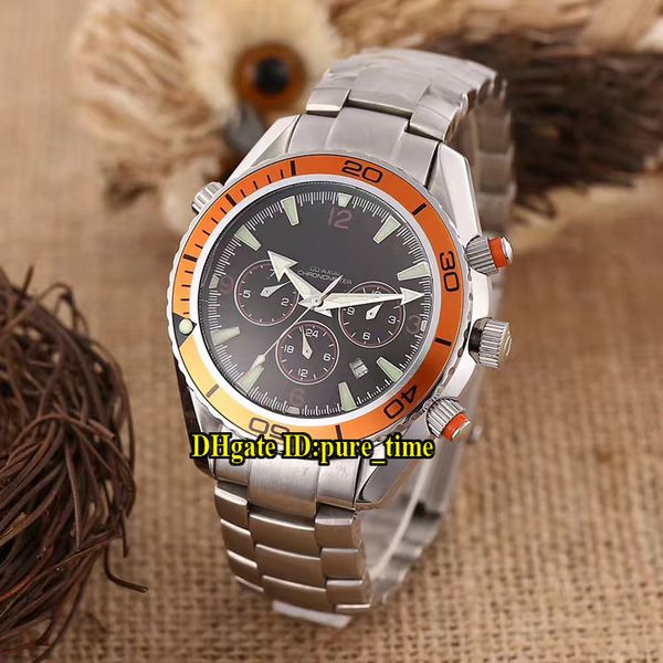 

new 41mm date planet ocean 2218.50.00 black dial automatic mens watch orange bezel stainless steel band gents wristwatches, Slivery;brown