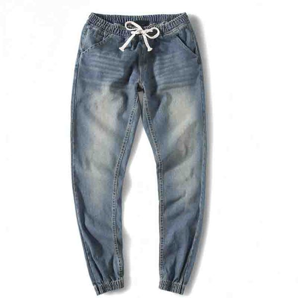 

new 2018 autumn winter casual draw string elastic waist washing vintage beam foot jeans locomotive pants men biker jeans, Blue