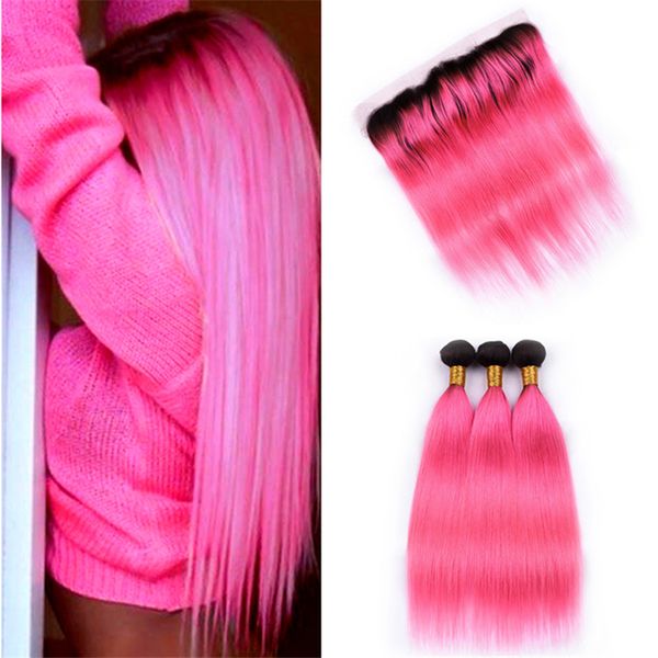 2019 Dark Roots Peach Pink Ombre Hair Bundles With Frontal Lace
