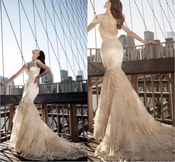 Pnina Tornai 2020 Gelinlik Romantik Backless Muhteşem Mermaid Gelin Törenlerinde Bling Dantel Kristal Katmanlı Sweep Tren Gelinlik