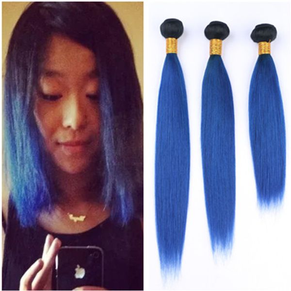 2019 Black And Dark Blue 2tone Ombre Human Hair Weave Bundles Silky Straight 1b Blue Ombre Indian Virgin Human Hair Wefts Extensions From