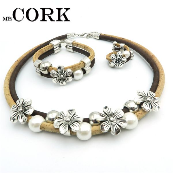 

natural cork flower with pearl set women original jewelry set handmade eco materials wooden jewelry set-029, Silver