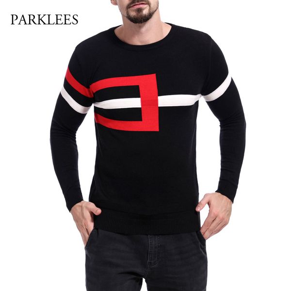 

hipster irregular stripe mens pullover sweater 2018 classic black hit color pullovers homme slim fit patchwork knitting sweaters, White;black