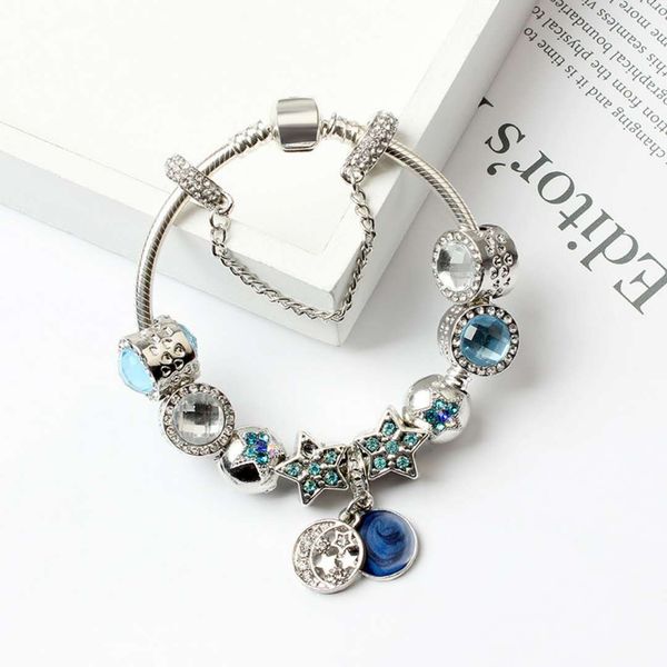 

new charm bracelets for blue cats eyes beads bracelet 925 silver bracelets bright stars moon bangle diy jewelry, Golden;silver