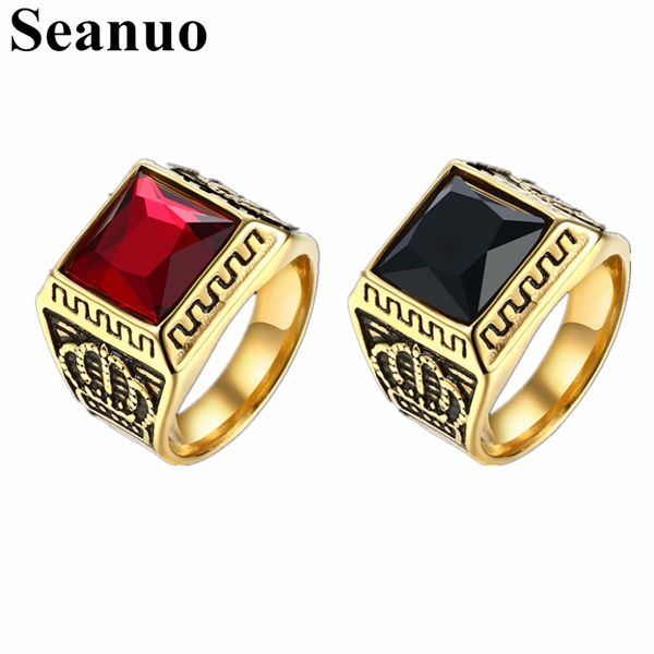 

seanuo size 9-11 antique royal golden square crystal elegant ring for men fashion 316l stainless steel male finger ring jewelry, Golden;silver
