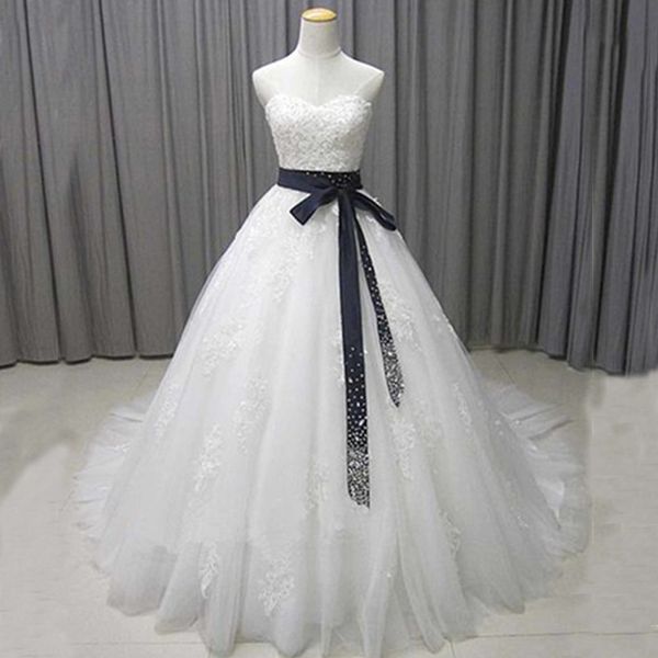 

princess a-line wedding dresses sweetheart sleeveless lace appliques tulle bridal gowns with sweep train beaded crystals dark navy sash, White