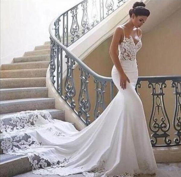 

2019 vestido de noiva бретельки русалка свадебные платья лето бохо высокая шея прозрачные кружева аппликация спинки свадебные платья, White