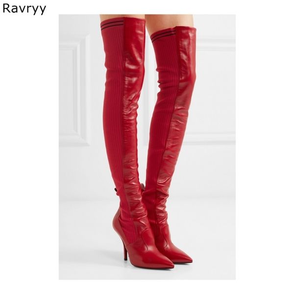 

pointed toe woman red long boots elastic over-the-knee boots autumn winter fashion patch work thin heel female party show shoes, Black