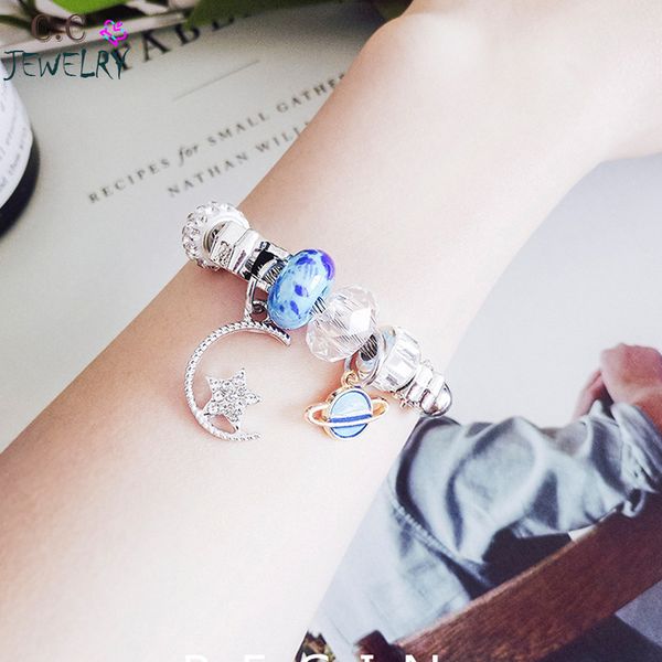

stainless steel moon star flower planet charm bracelets & bangles handmade blue crystal diy beads bracelets for woman gift, Black