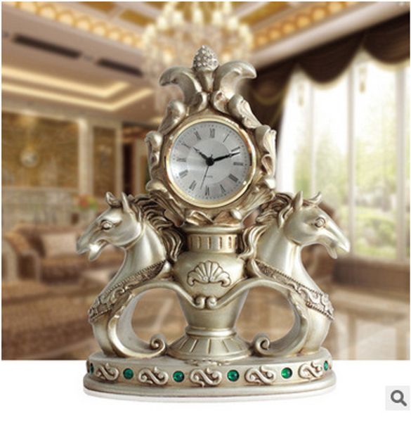 

tuda european style creative ornaments table clock double horse carving resin table clock mute quartz desk