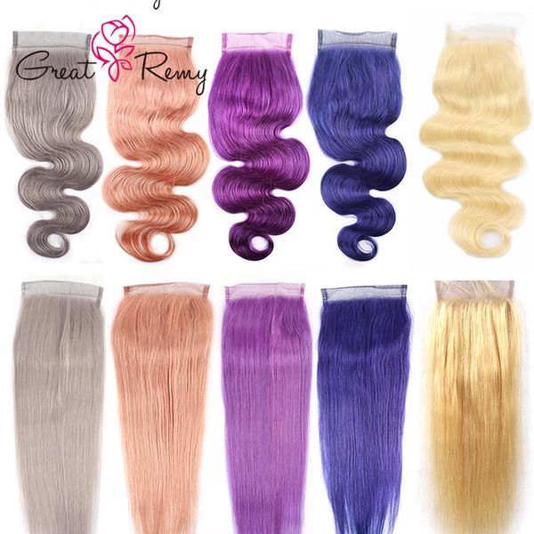 Greatremy 8a Straight Human Hair Closure Body Wave Blonde Pink