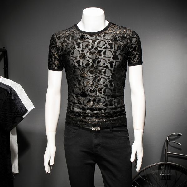 

luxury out fabric mesh t shirt slim fit round neck tee shirt homme designer luxury social club outfits summer tee, White;black