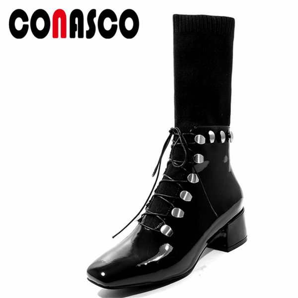 

conasco 1fashion women mid-calf boots autumn winter warm high heels shoes woman round toe cross-tied punk quality stretch boots, Black