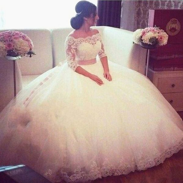 

two pieces ball gown wedding dresses three quarter sleeve off shoulder lace tulle floor length bridal gowns custom size, White