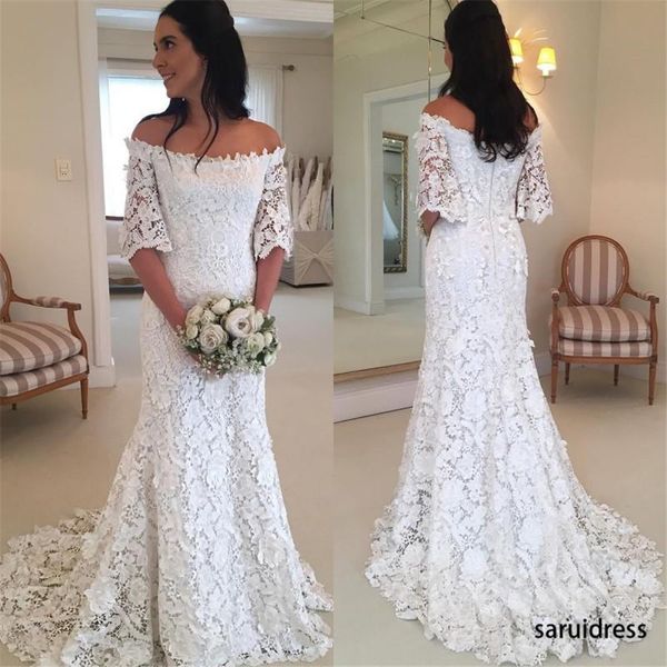 

a-line off the shoulder full lace half long sleeves country style bridal gowns lace wedding gowns vintage bohemian beach wedding dresses, White