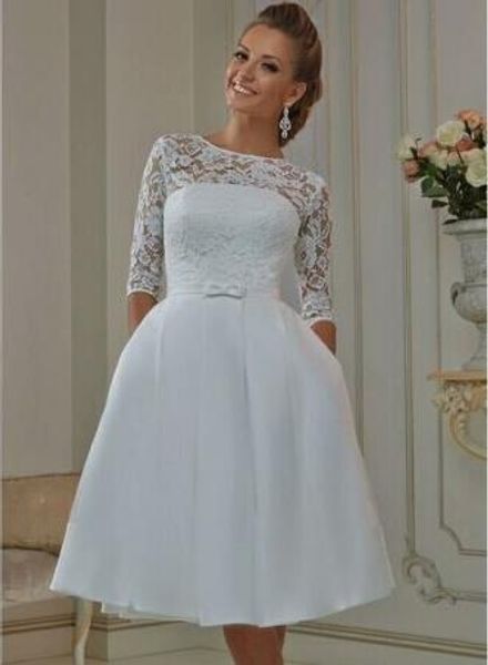 

1950s vintage short lace wedding dresses with pockets matched bow sash a-line knee length half sleeve bridal gowns vestido de novia w128, White
