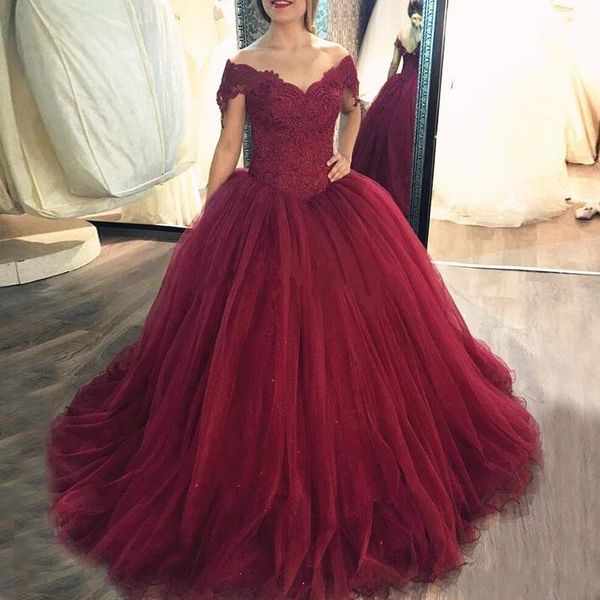 

Elegant Off Shoulder Burgundy Evening Dresses 2019 Ball Gown Applique Sequined Plus Size Prom Gowns Cheap Formal Party Gown