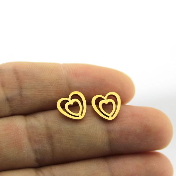 

new arrival cute double heart earrings stainless steel earring gold color love ear studs jewelry for women kids girls gift t141, Golden;silver