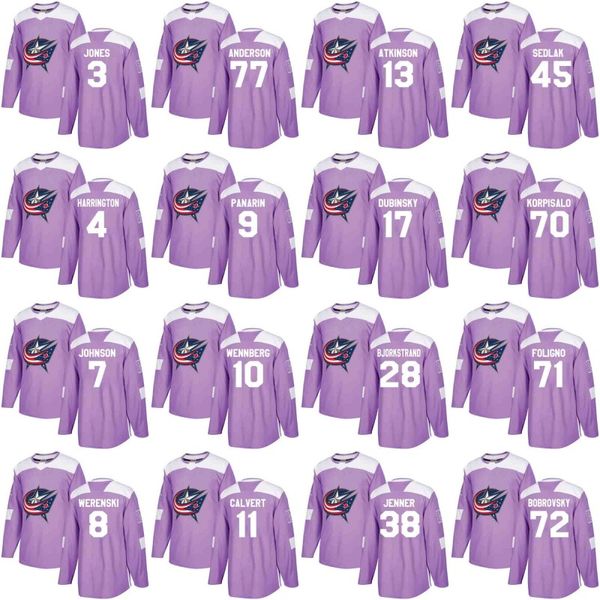 

Columbus Blue Jackets Jersey Purple Fights Cancer Practice 7 Jack Johnson 10 Alexander Wennberg 70 Joonas Korpisalo 77 Josh Anderson Jerseys