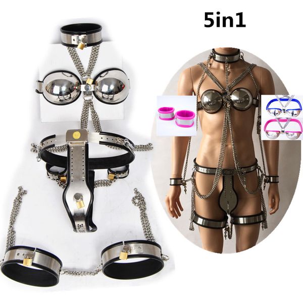 

5 pcs/sets stainless steel female chastity belts collar bra fetish thigh rings handcuffs bondage device toys for women g7-5-48