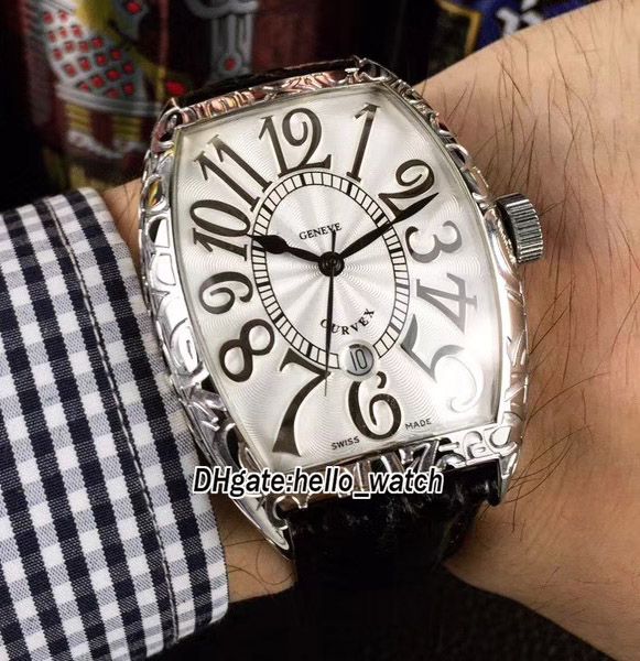 

new cintrÃ©e curvex white dial automatic mens watch silver cracked case leather strap gents sport watches, Slivery;brown