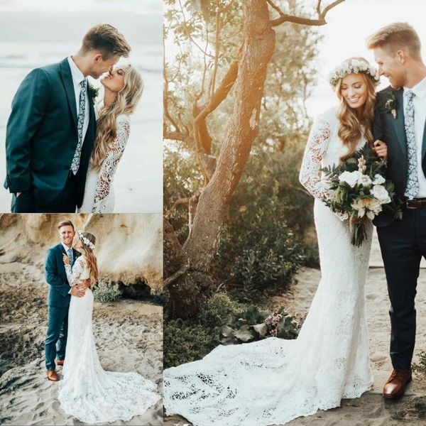 

Урожай 2019 Полный Кружева Свадебные Платья С Sheer Длинными Рукавами Boho Свадебные Пл