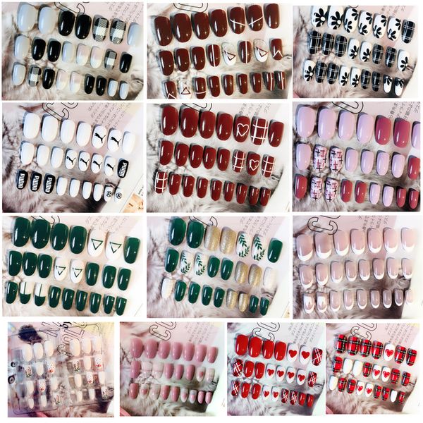

24 pcs press-on pre design false nail tips with adhesive sticker 13 styles, Red;gold