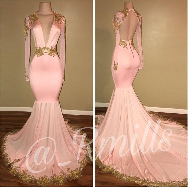 

Open Back Pink Prom Dresses Mermaid Deep V Neck Long Sleeves African Formal Dresses Gold Appliques Sweep Train Evening Gowns