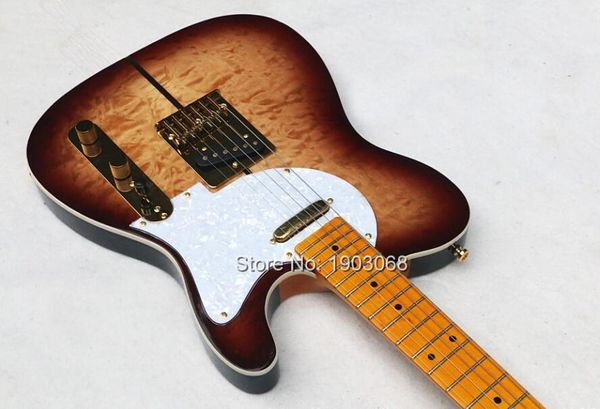 Custom Shop Merle Haggard Tuff Dog Tele TL Brown Sunburst acolchoado bordo superior da guitarra elétrica de bordo Neck, White Pearl Pickguard Tuners