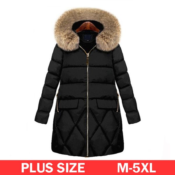 

m-5xl plus size fur hooded parkas coat women winter warm long down jacket 2017 simple model big size thick coat, Black
