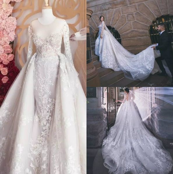 

plus size mermaid weddding dresses with overskirt sheer jewel neck lace applique long sleeve wedding gowns romantic dubai vestido de novia, White