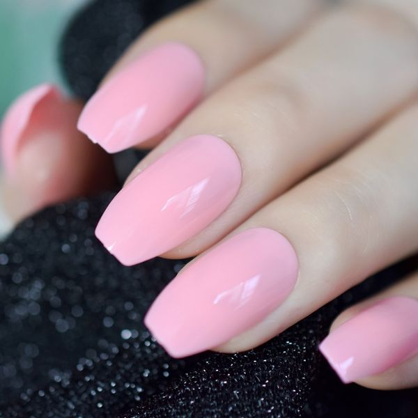 

shiny coffin pearl pink ballerina fake nails candy pink uv design false nail full cover acrylic nails art, Red;gold