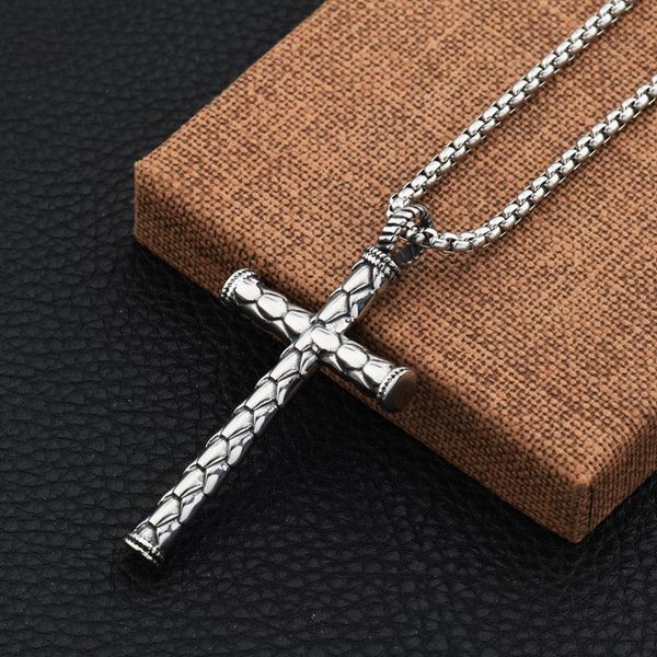 

fashion men jewelry stainless steel cross pendant necklaces cylindrical design 70cm long chain punk necklace for men, Silver