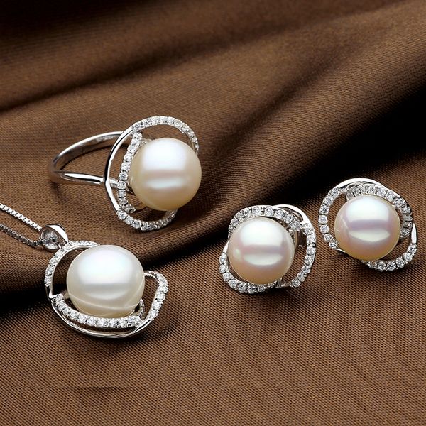 

sinya natural pearls jewelry set with ring earring and necklace in 925 sterling silver pearl diameter 10-13mm 2017 new arrival, Black