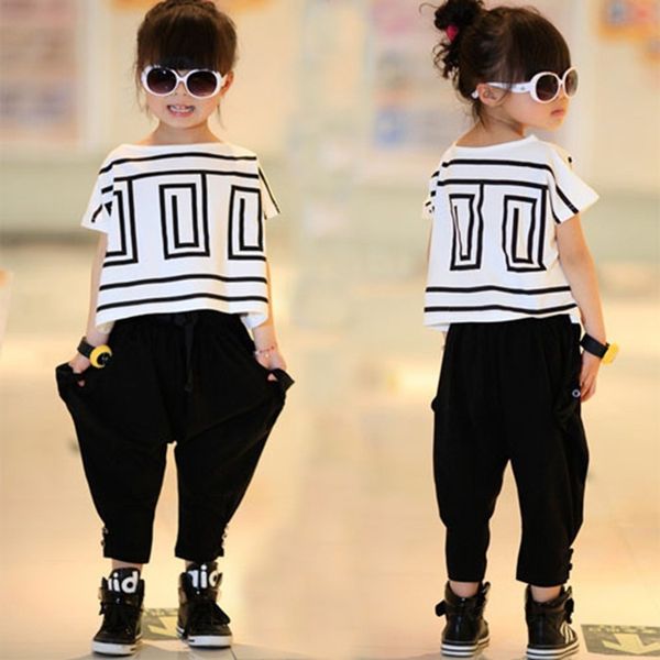 

children dance suits for girls 2018 girls sports suit summer bat short sleeve shirt+harem pants kids clothes suits 2pcs/set, White
