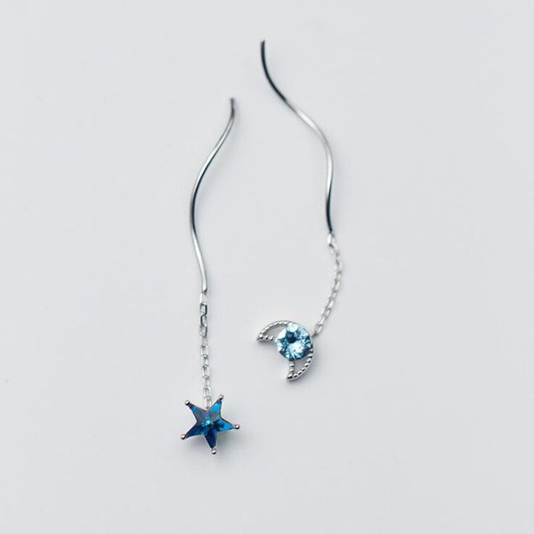 

star moon tassels thread earrings 100% 925 sterling silver drop earrings silver jewelry with cubic zirconia, Golden;silver