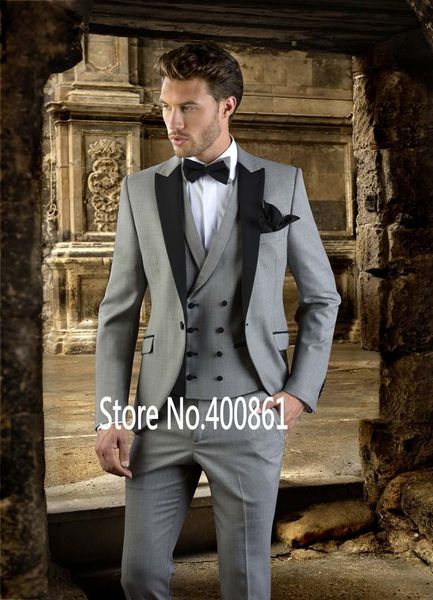 Estilo clássico Um Botão Luz Cinza Noivo Smoking Pico Lapela Groomsmen Melhor Homem Blazer Ternos De Casamento Dos Homens (Jacket + Pants + colete + Gravata) H: 652