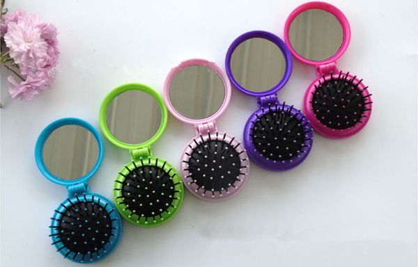 

portable circular mirror fold gasbag plastic with comb head massage plastic with comb fold mirror ing
