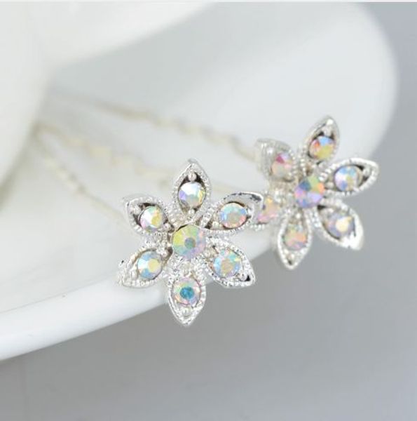 

20 pcs/pack romantic luxury wedding silver color flower shaped shiny crystal rhinestone hair pin tiara pretty bridal jewelry, Black;brown