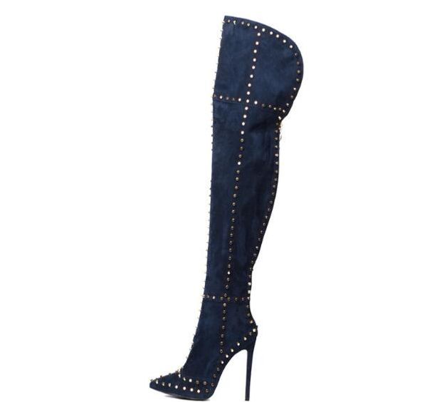 

2018 autumn women shoes suede leather fashion design pointed toe rivets long boots winter over knee party boots 34-43, Black