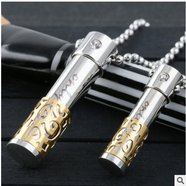 

custom personality stainless steel cylindrical scented urn necklace can open the perfume bottle inscription pendant jewelry, Silver