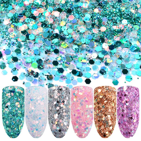 

6 colors mixed size nail glitter sequins powder laser shining 3d nail art paillette flakes diy manicure tips decorations kits, Silver;gold