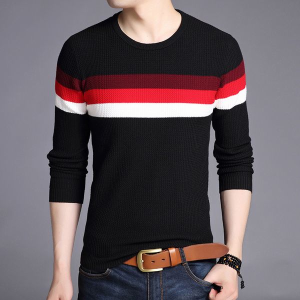 

striped sweater men o-neck pullover men clothing 2018 autumn winter high elastic sweater casual striped pull homme sweaters, White;black