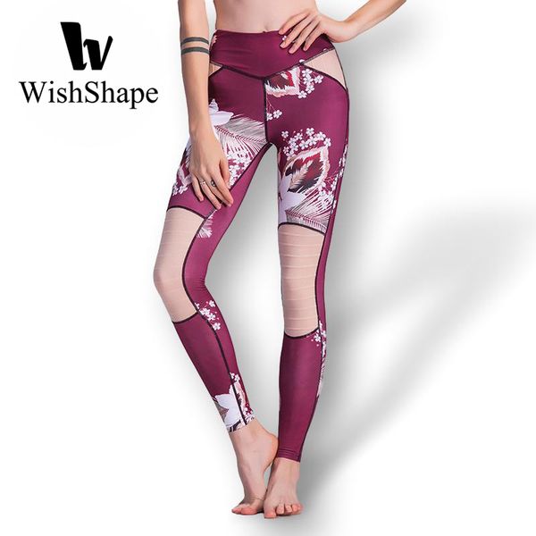 

yoga pants see through patchwork mesh sport leggings women push up floral print elastic running tights gym fitness legging, White;red