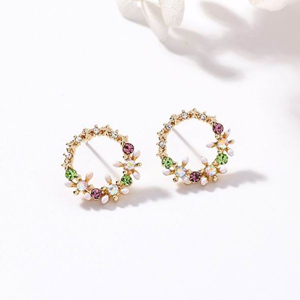 

mengjiqiao 2018 korean new colorful rhinestone wreath stud earrings for women sweet flower shell small cirlce brincos gift, Golden;silver
